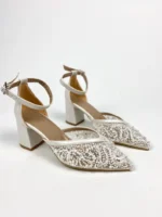 White Satin Block Heels with Rhinestone Ankle Strap, Pointed Toe Bridal Shoes, Elegant and Comfortable Wedding Pump - Image 2