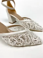 White Satin Block Heels with Rhinestone Ankle Strap, Pointed Toe Bridal Shoes, Elegant and Comfortable Wedding Pump - Image 6