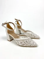 White Satin Block Heels with Rhinestone Ankle Strap, Pointed Toe Bridal Shoes, Elegant and Comfortable Wedding Pump - Image 5