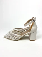 White Satin Block Heels with Rhinestone Ankle Strap, Pointed Toe Bridal Shoes, Elegant and Comfortable Wedding Pump - Image 3