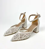 White Satin Block Heels with Rhinestone Ankle Strap, Pointed Toe Bridal Shoes, Elegant and Comfortable Wedding Pump
